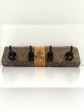 New Wood Key Holder Wall Shelf Black Iron Dog Tail Leash & Coat Rack 17x5